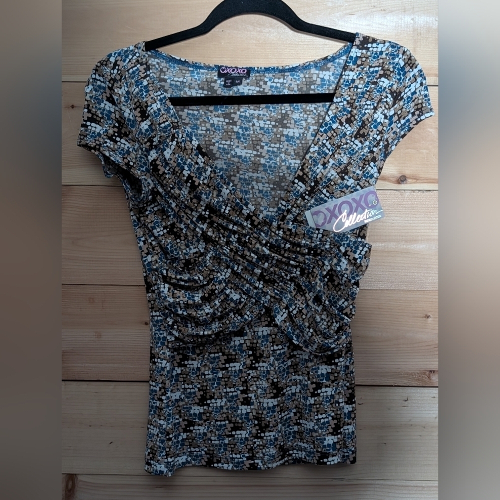 XOXO Blue and Brown Mosaic Blouse...Super Cute With Stretch